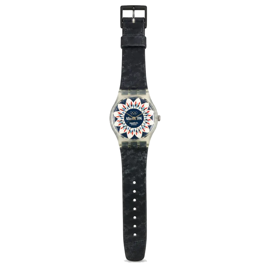Swatch Atlanta 1996 Olympic Games watch with dark strap